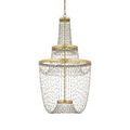 Side view of chandelier highlighting the glass bead chains cascading from upper and lower gold rings
