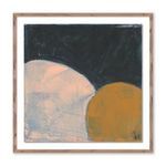 Abstract painting with large black, beige, and ochre circular shapes in a wooden frame