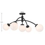 Redfield fixture dimensions: 16 inches high, 36 inches wide with matte black finish and white orbs