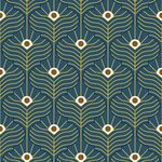 Marine blue Moroccan peacock pattern wallpaper with gold and white accents in a repeating geometric design