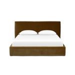 Quincy Bed with plush Surrey Ochre upholstery, generously padded headboard, low-profile frame, and clean modern lines