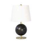 Grant Mini Lamp with spherical blackened metal body, brass base, and tall natural linen shade