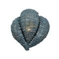 Wall sconce lit from inside, showing warm light through gaps between beads
