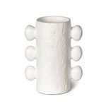 Tall matte white Sanya Metal Vase with six spherical protrusions evenly spaced on cylindrical body
