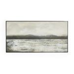 Abstract landscape painting with muted gray, beige, and white tones, framed in black maple floater on matte canvas