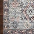 Close-up corner shot showing detailed southwestern pattern with muted grey, pink, and cream accents on wood floor