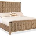 King-size wooden panel bed with cutout fretwork headboard and footboard in light Sonoma finish with hammered metal accents