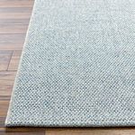 Edge close-up of Birdie Denim rug highlighting its flat woven polypropylene texture and edge binding
