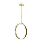 Pendant light rotated 90 degrees with LED ring standing vertically within the antique gold brass frame