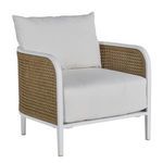 Front angle view of lounge chair showing woven rattan sides and plush white cushions