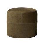 Camino Ottoman in olive top-grain leather with decorative stitch panels and a subtle collaged look