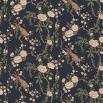 dark Shadow hue wallpaper with a timeless pattern of birds, white flowers, and green leafy branches