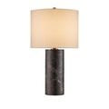 Vespera Brown Table Lamp shown from slight side angle revealing cylindrical marble base and beige fabric shade