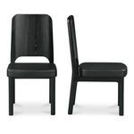 Front view of Kerr dining chair highlighting carved wooden back and padded square seat