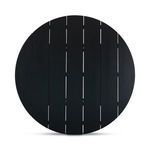 Top-down view of round black outdoor dining table showing slatted wood plank table top