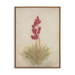 Painting titled Yucca by Paul Meyer of red yucca flowers with green foliage on a textured beige background in a wooden frame