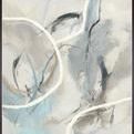 Abstract painting with soft blue, gray, beige swirls and hand-embellished texture inside espresso frame