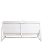 Back view of white aluminum loveseat with white cushions showing clean panel back and frame details