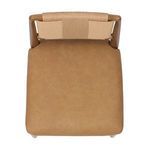 Top view of square seat with tan upholstered cushion and woven back framing