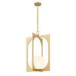 Side angle showing pendant’s three-dimensional geometric frame shape and opal glass globe