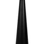 Close-up focusing on the smooth tapering black metal base of the lamp