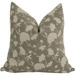 Front view of square pillow cover with sage floral block print and linen texture