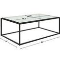 Coffee table at angled view with size dimensions in inches indicated on glass top and frame