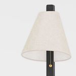 Side view of sconce with beige fabric shade, black vertical mount, and brass pull chain