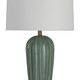 Lamp showing white linen shade variation with the same ribbed olive green ceramic body and clear crystal base