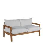 Front view of Monterey Loveseat in teak wood frame with white cushions