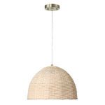 Pendant light with slightly longer cord, showing side angle of woven dome shade
