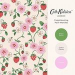 Wallpaper sample alongside complementary paint color circles labeled Magic Beans green, Cotton Canvas cream, Dimples pink