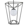 Front angled shot of Rochefort Lantern pendant with black framework and opaque white globe