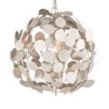 Side angle of the silver leaf metal discs with bulb glowing from inside the chandelier sphere
