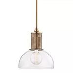 Halcyon 1 Light Pendant with clear glass dome shade and perforated metallic gold cylinder fixture suspended by gold rod