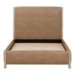 Emmett Bed frame without mattress showing wooden slats and tan upholstered headboard and footboard front view