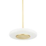 Small pendant light with aged brass finish and frosted white circular glass shade
