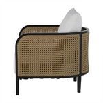 Another close perspective of armrest corner with natural resin braid and crisp white cushion