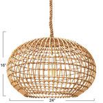 Pendant light with dimensions 24 inches wide and 16 inches tall indicated around wicker shade