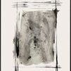 Abstract painting with bold black strokes framing a textured grey-toned center on a neutral background