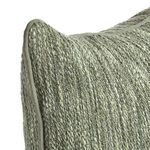 Close-up detail of textured weave and green tonal variations with gray edging on pillow corner
