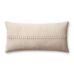 Elongated lumbar ivory throw pillow with a textured woven stripe in the center, 12 by 27 inches