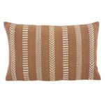 Rectangular lumbar pillow with tan and ivory vertical tribal embroidered stripes in durable polyester fabric