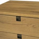 Squared iron satin brass hardware inset in front drawers of stained oak nightstand