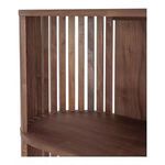 Close-up of rounded corner highlighting vertical walnut slats and shelf depth