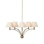 Linus Chandelier with five tapered fabric shades and polished bronze curved arms on white background