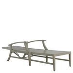 Side angle of chaise lounge with slatted frame and white cushions set upright for seating.
