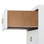 Side view of fully opened drawer showcasing wood interior and metal slide hardware under white linen drawer front