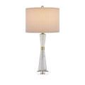 Lit Edelmar Table Lamp with off-white pleated shade and tapered white marble body
