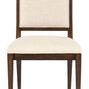Upholstered dining chair front view emphasizing wide rectangular backrest and straight front legs